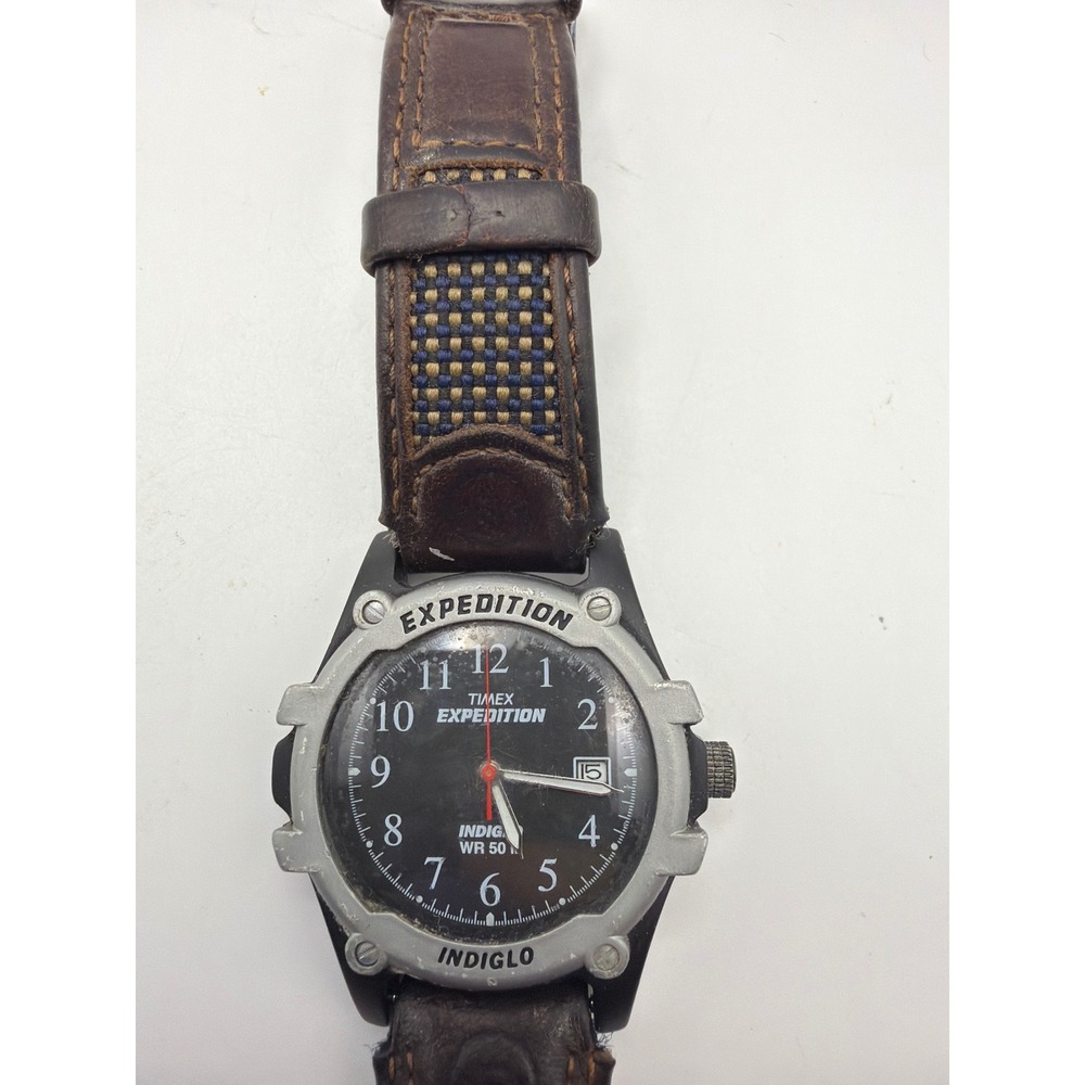 Timex Expedition Indiglo Watch Brown Leather Strap Water Resistant 50M Date